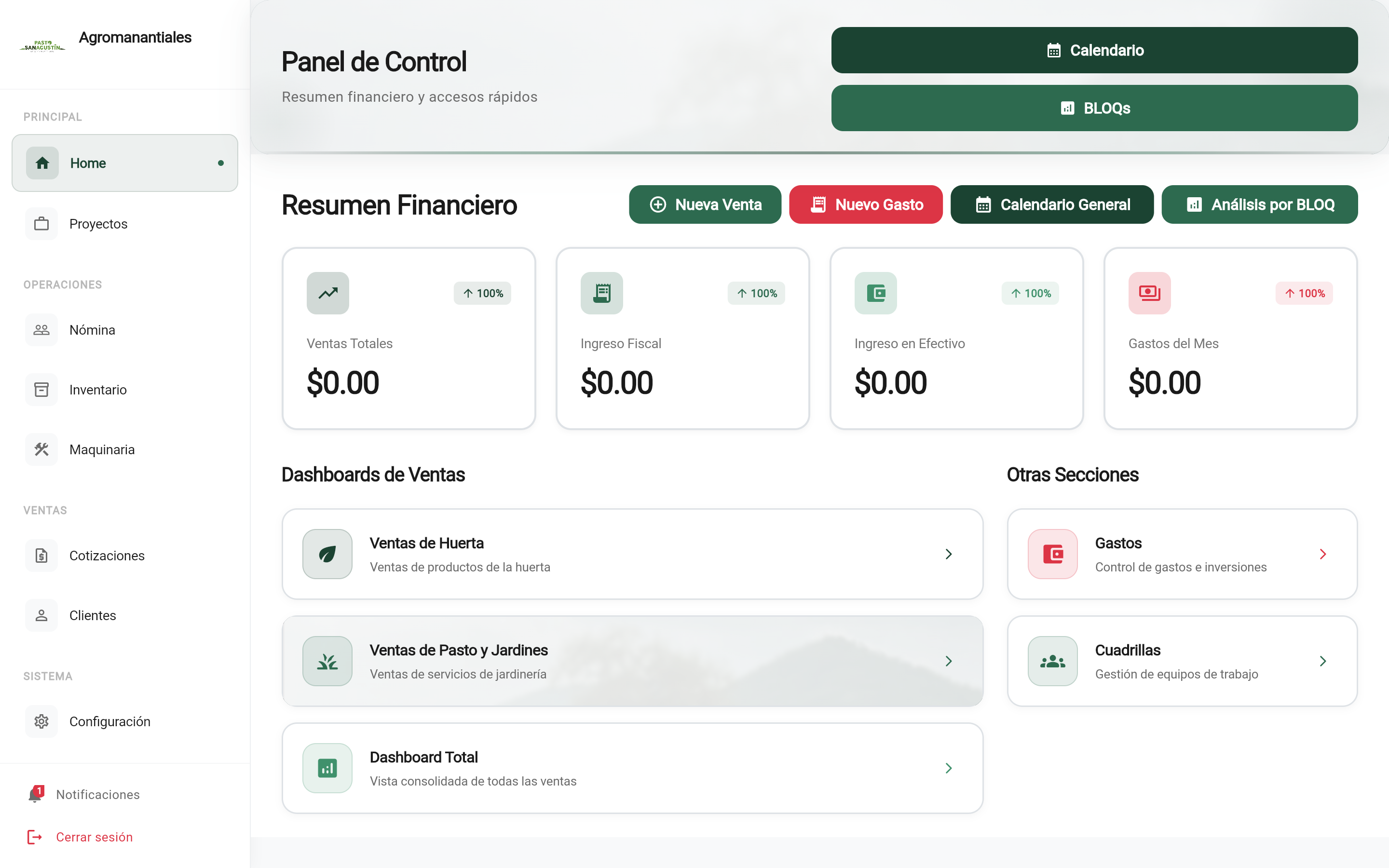 Inventory Management — sub-modules: Products (Sales inventory) and Inputs (Materials and tools). Quick summary: Products 0, Grass 0, Garden 0. Categories: Grass, Garden, Grass and Garden