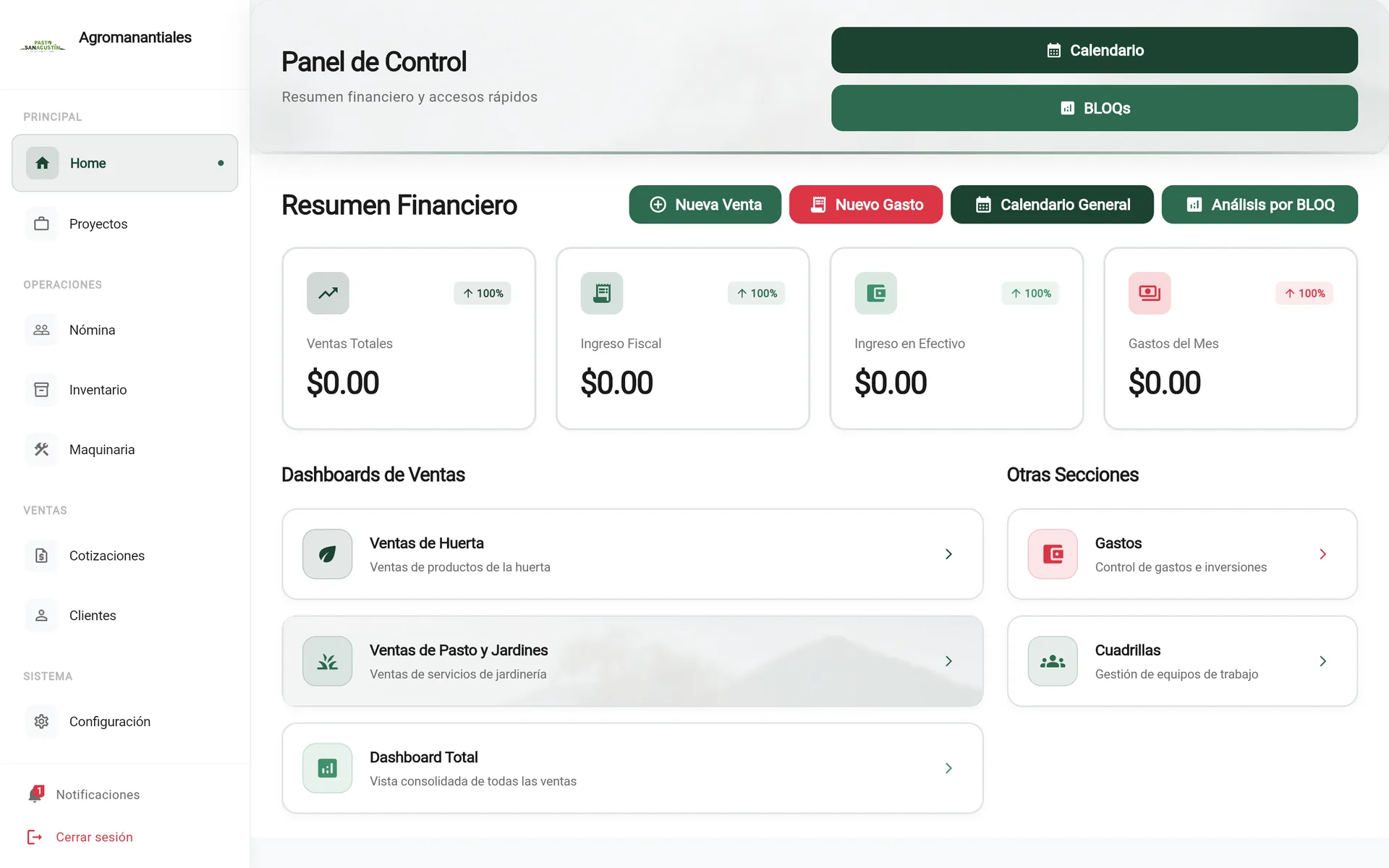 Control Panel — Financial summary: Total Sales, Tax Income, Cash Income, Monthly Expenses. Sales Dashboards: Huerta, Pasto y Jardines, Total Dashboard. Other sections: Expenses, Crews. Buttons: Calendar, BLOQs, New Sale, New Expense, BLOQ Analysis