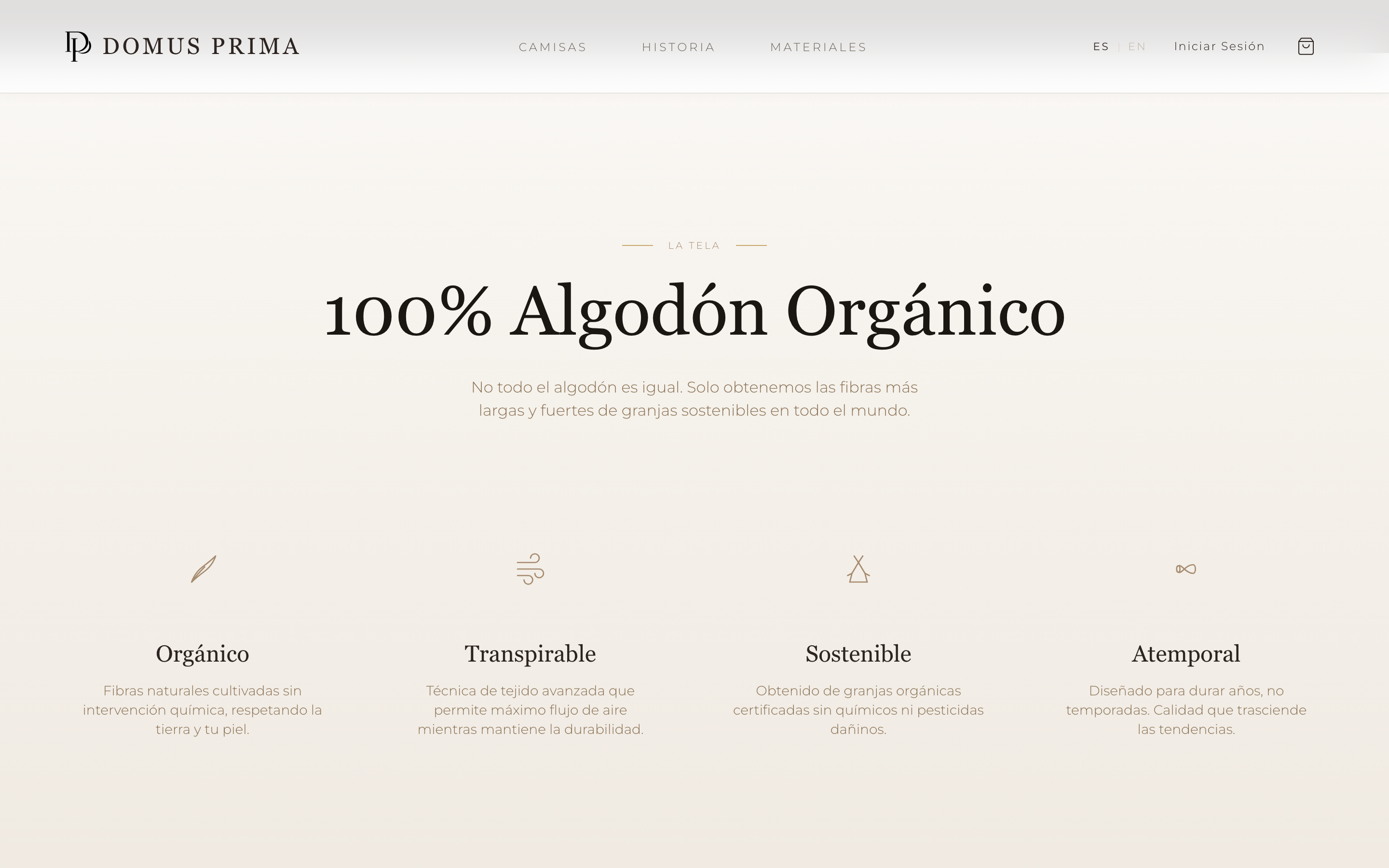 Materials page — "100% Organic Cotton / We only source the longest and strongest fibers from sustainable farms worldwide." 4 attributes: Organic, Breathable, Sustainable, Timeless