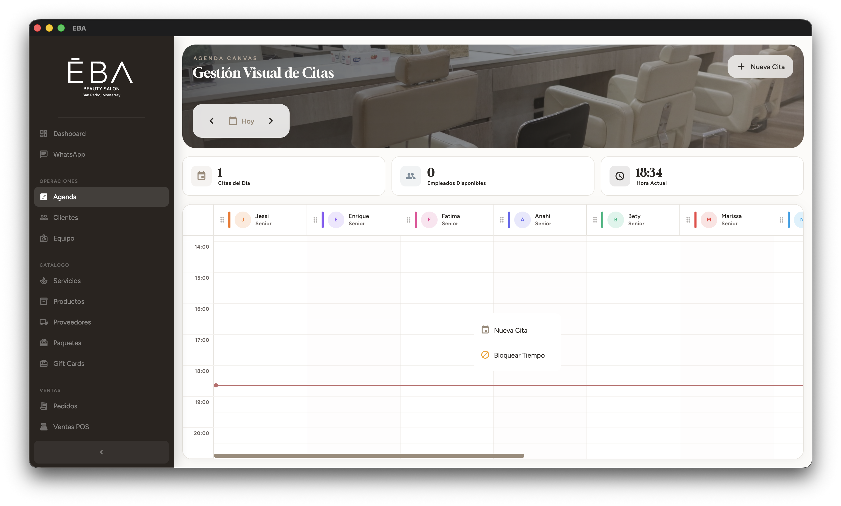 Visual Appointment Management — stylist timeline: Jessi, Enrique, Fátima, Anahí, Bety, Marisa. 1 appointment today, 0 available staff, current time 18:34. Buttons: New Appointment, Block Time
