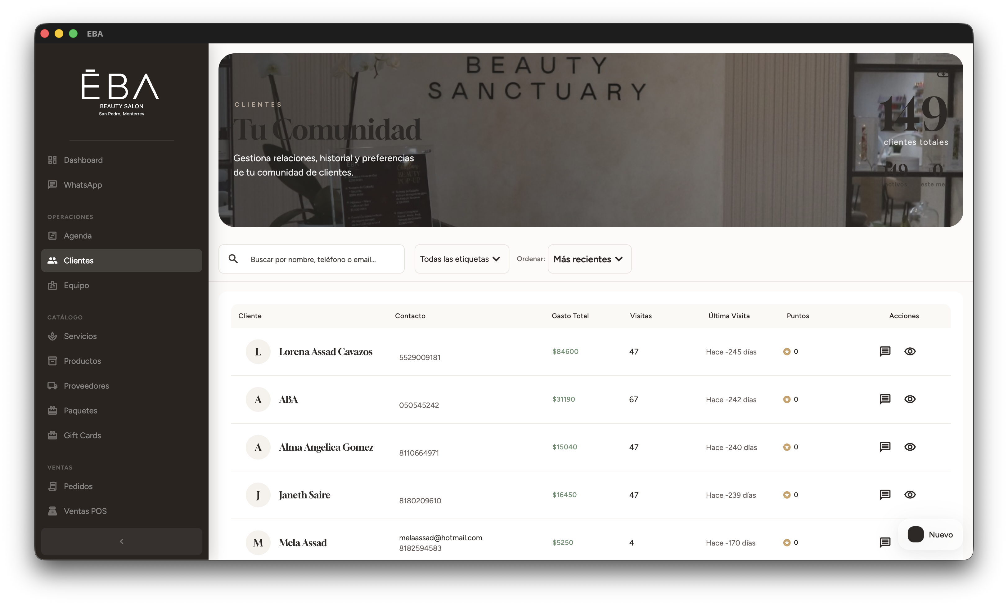 Clients module "Beauty Sanctuary" — Lorena Assad Cavazos ($84K, 47 visits), ABA ($17K, 87 visits), Alma Angélica Gómez ($15K), Janeth Saire ($14K). Full history, total spend and visit frequency