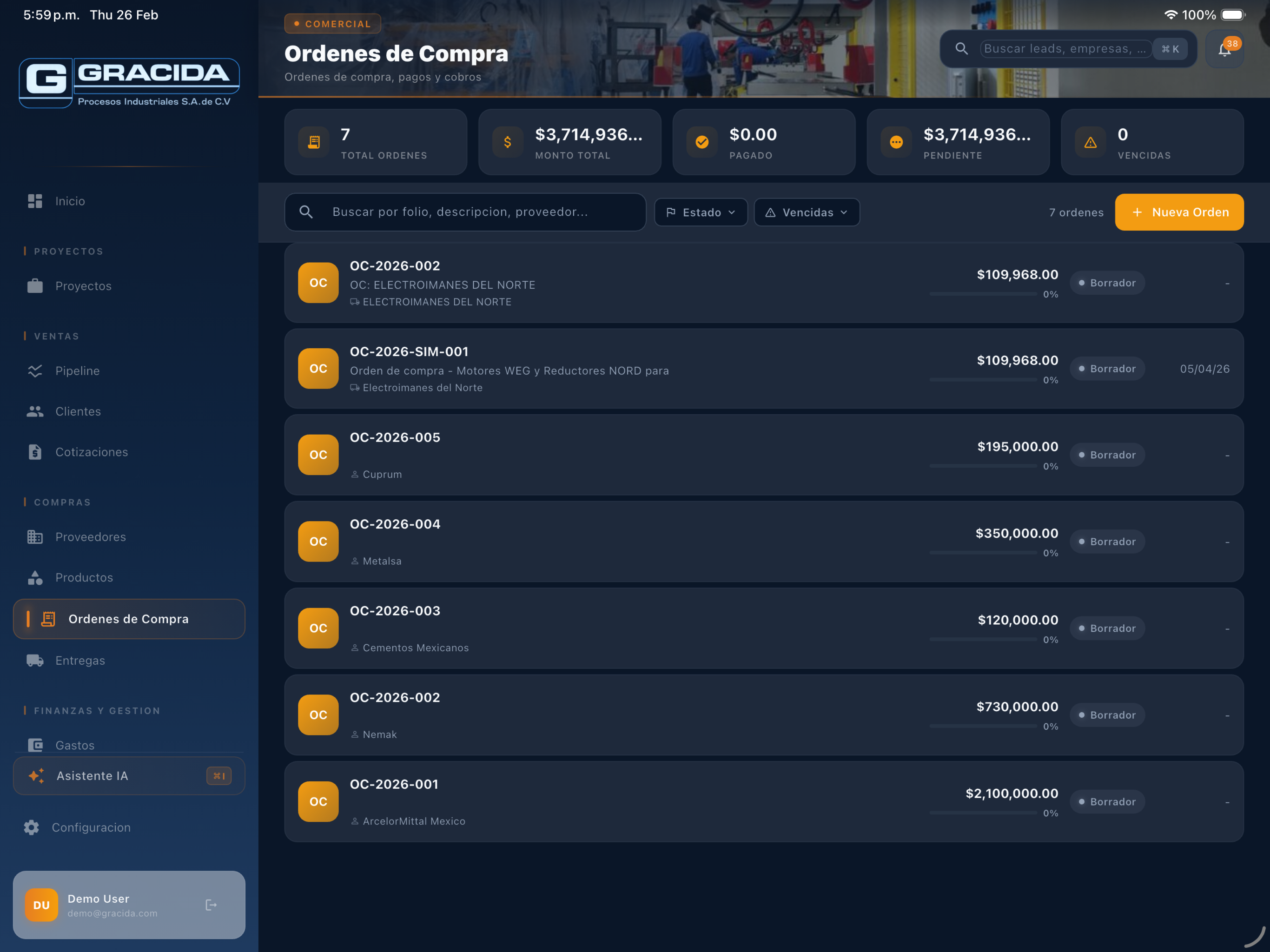 Purchase orders on iPad — $3.7M in active orders with traceability by folio, supplier and status