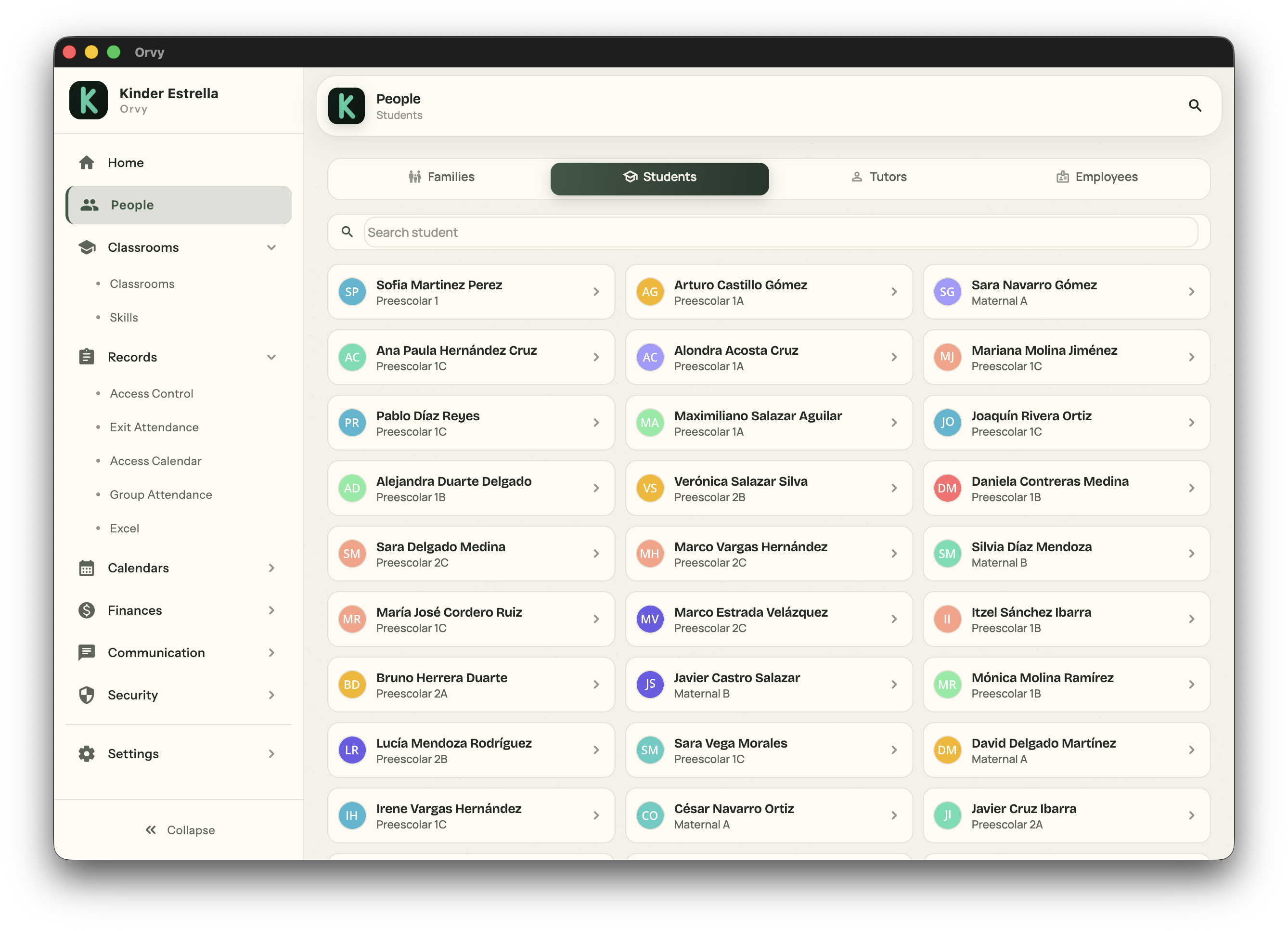 Student directory — full grid with real names, groups (Preschool 1A/1B/1C, Maternal) and avatars. Filters: Families, Students, Tutors, Employees