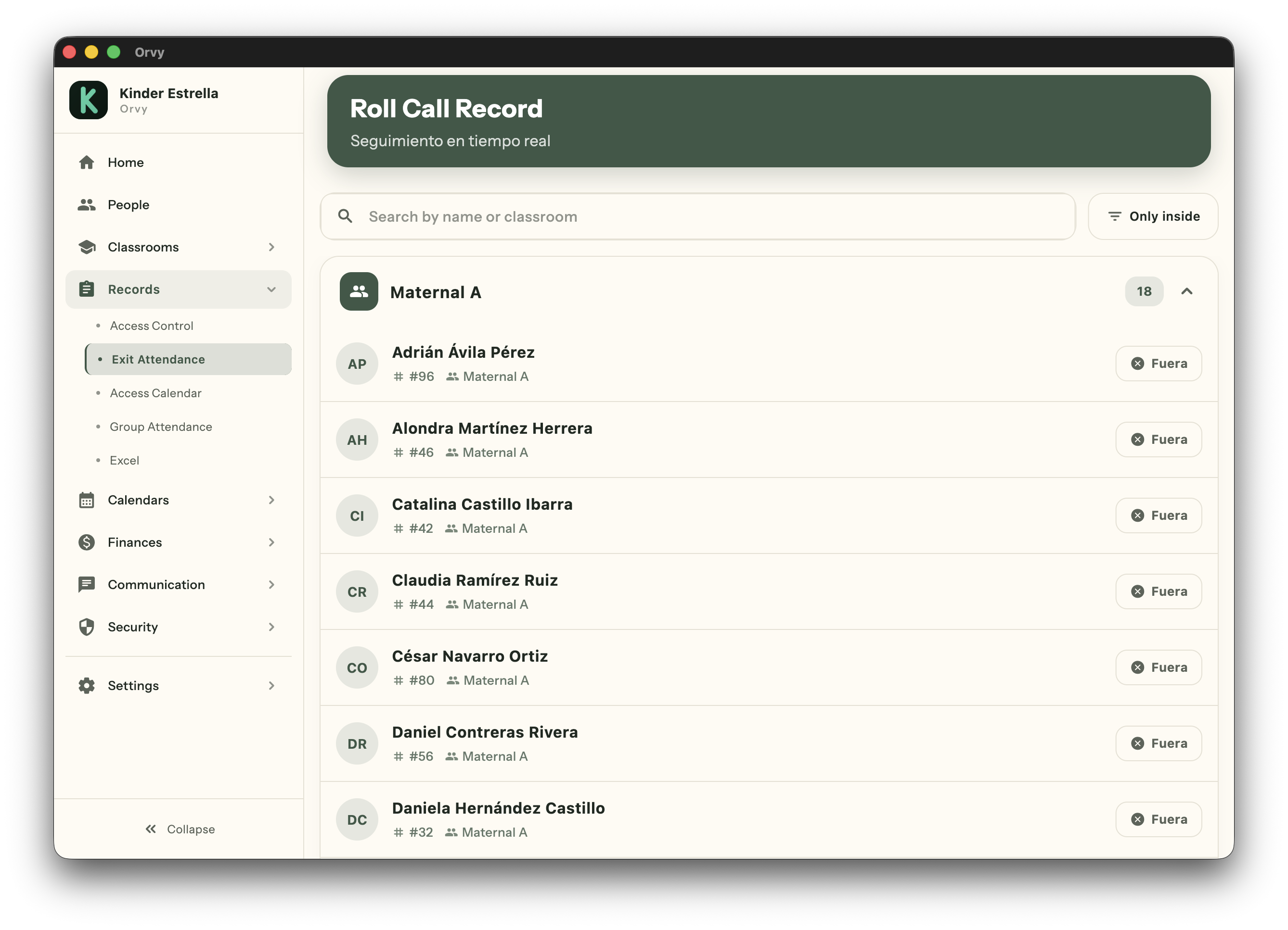 Roll Call Record — real-time attendance. Maternal A with 18 students, In/Out indicators and search by name or classroom