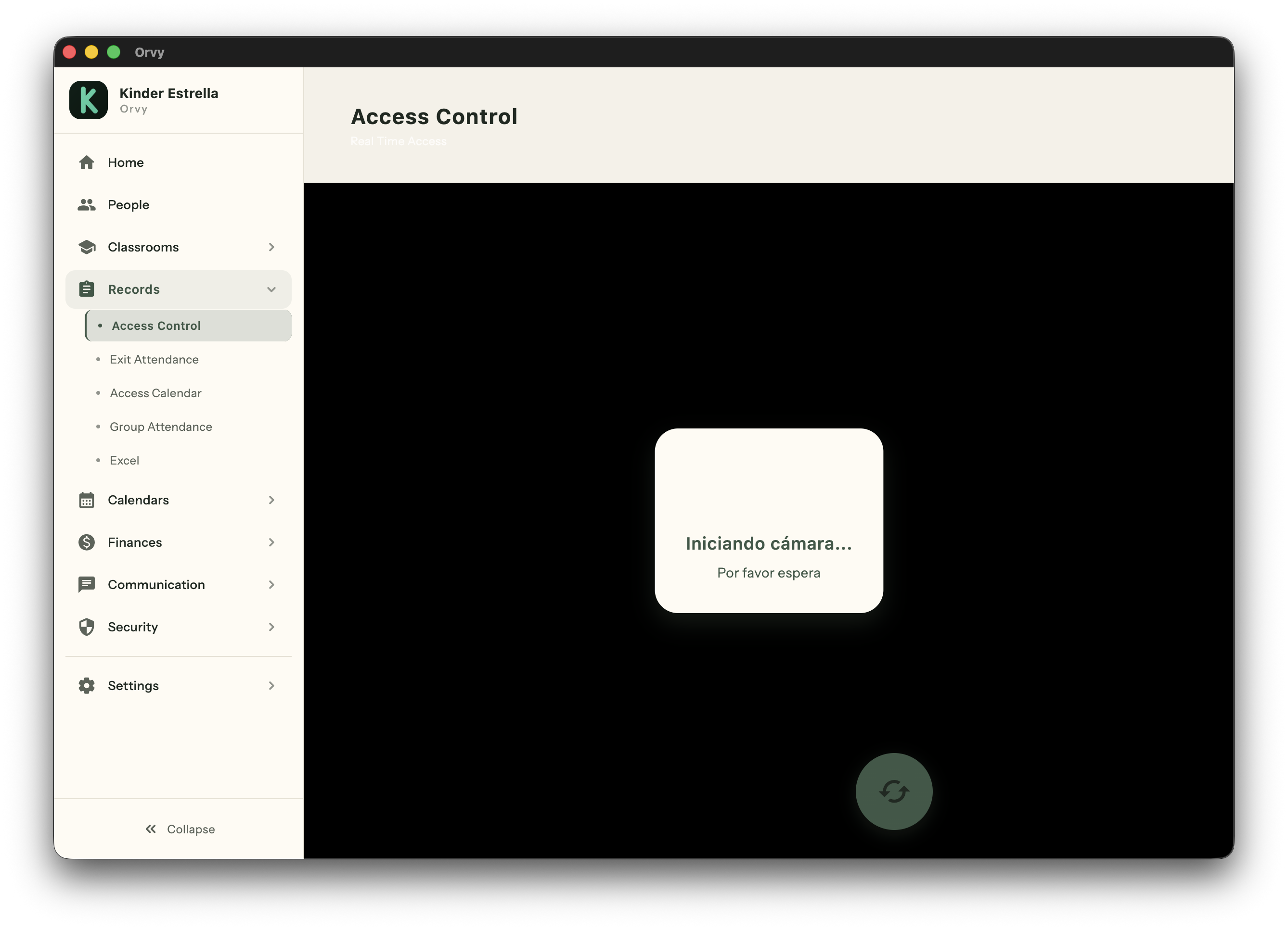 Access Control — facial recognition camera activating. "Starting camera... Please wait." Automatic check-in/check-out via facial recognition
