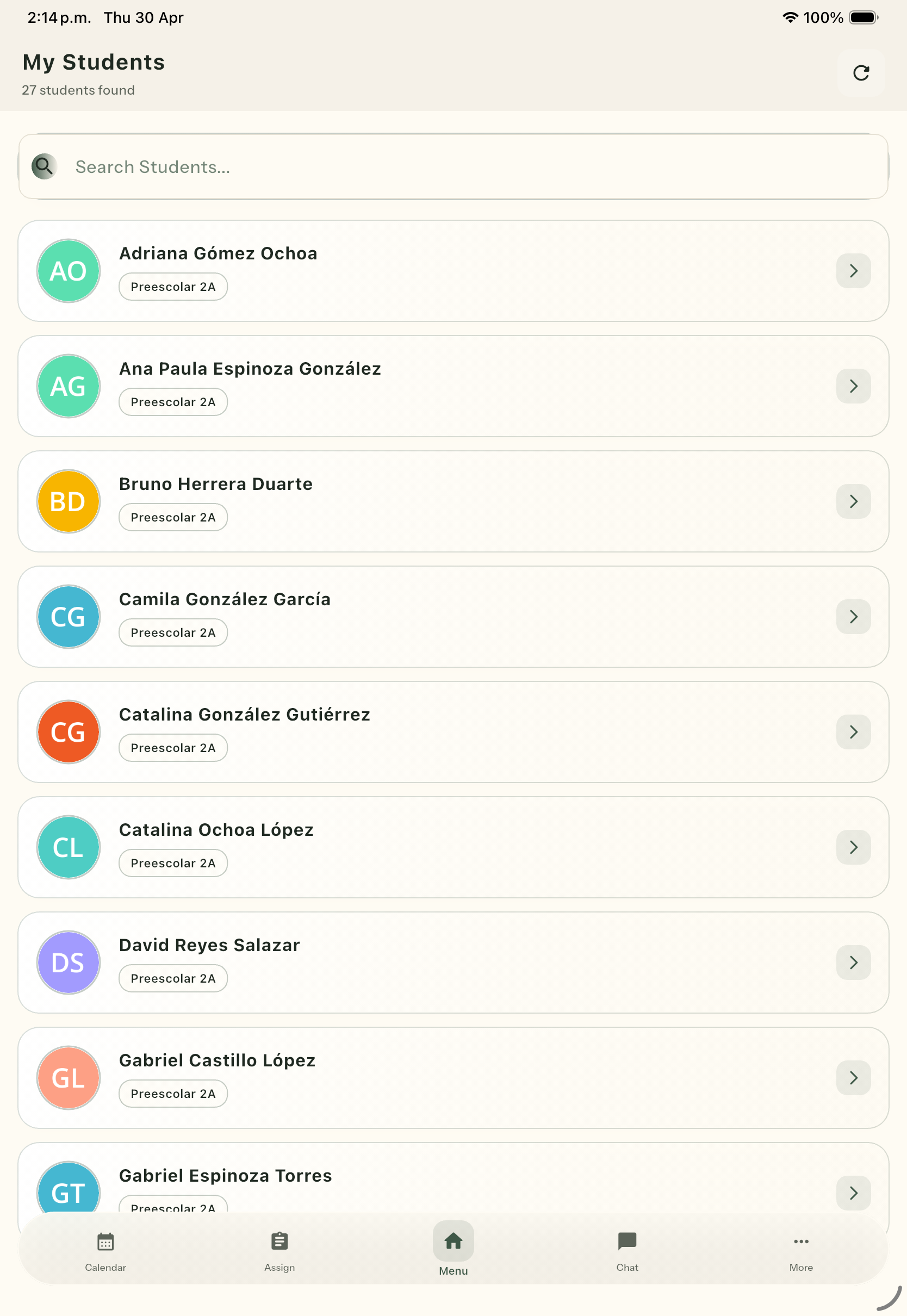 My Students — 27 enrolled students in Preescolar 2A. Searchable directory with color-coded initials avatar and assigned classroom per student
