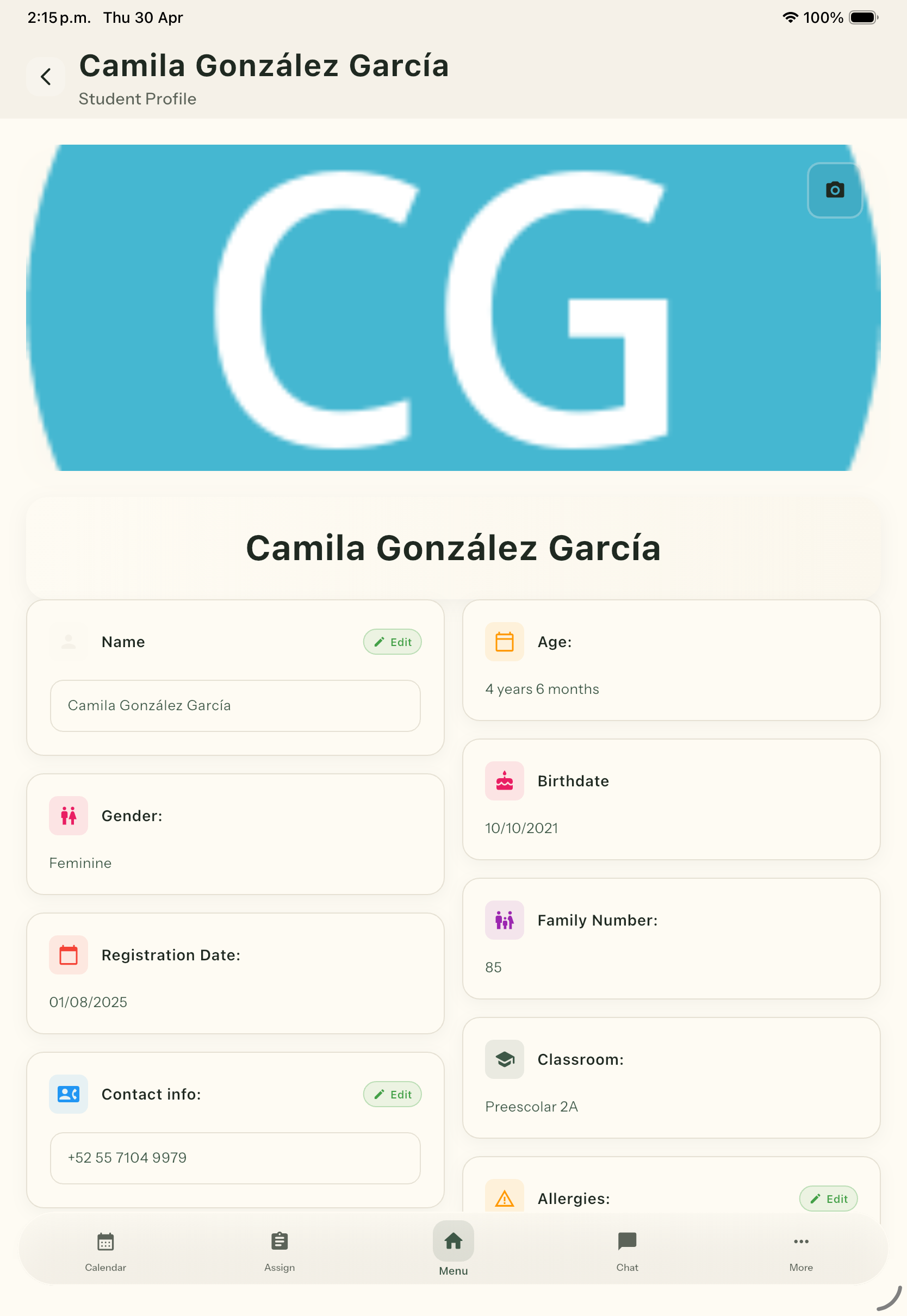 Student profile — Camila González García, 4 years 6 months, Preescolar 2A. Fields: Name, Gender, Registration Date, Contact, Age, Birthdate, Family Number 85, Classroom, Allergies